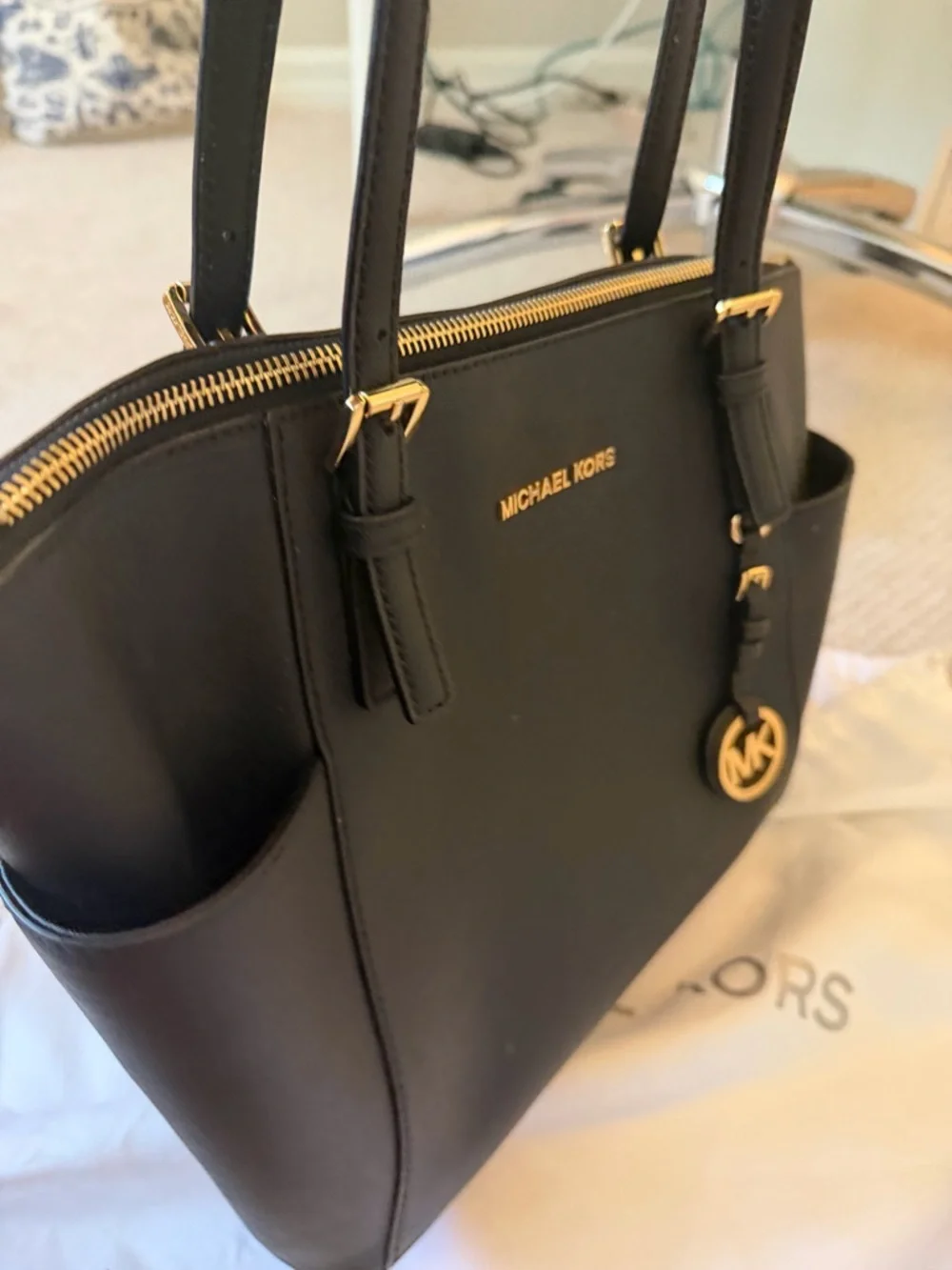 Michael Kors Black Saffiano Leather Double-Handle Tote with Gold Hardware